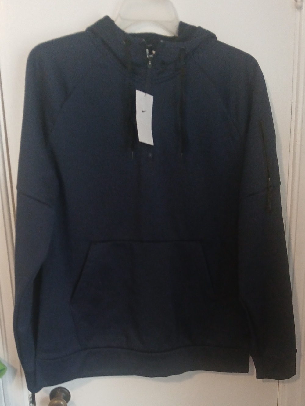 Men's Dark Blue Hooded Pullover Sweatshirt with Zippered Neck
